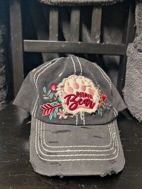 Mama Bear Embroidered Distressed Baseball Cap - Charcoal Gray Velcro Floral